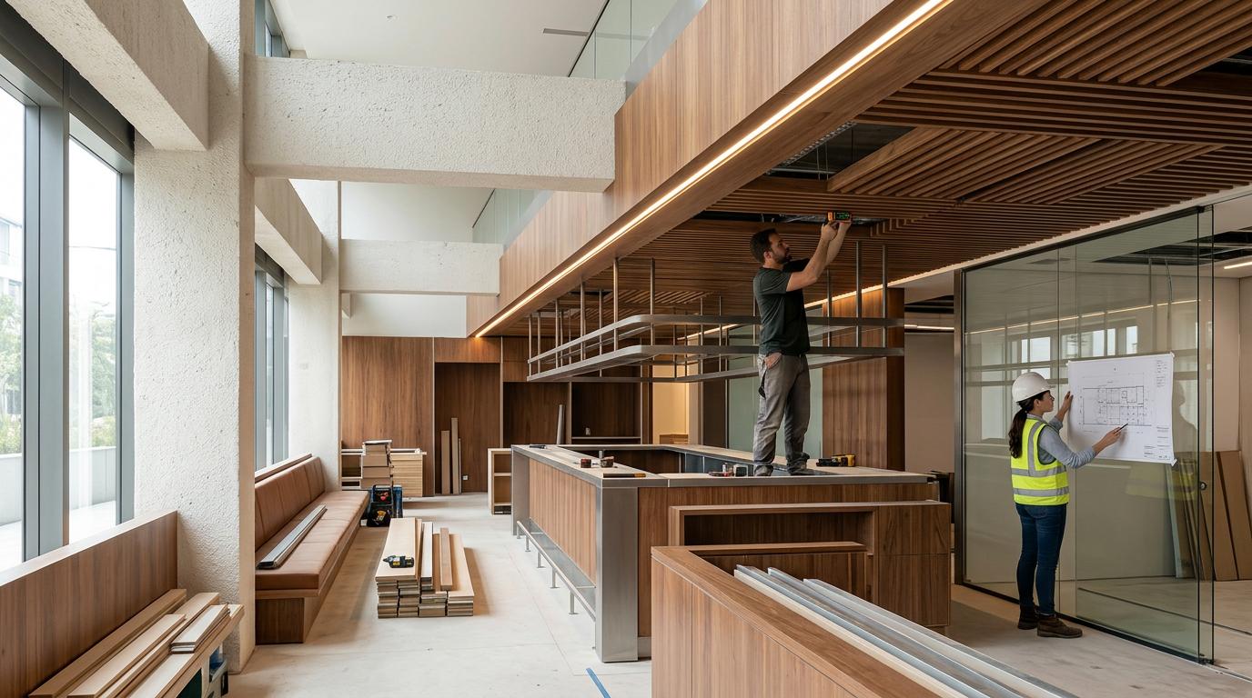 Interior de espaço comercial com acabamentos sofisticados e mobiliário sob medida